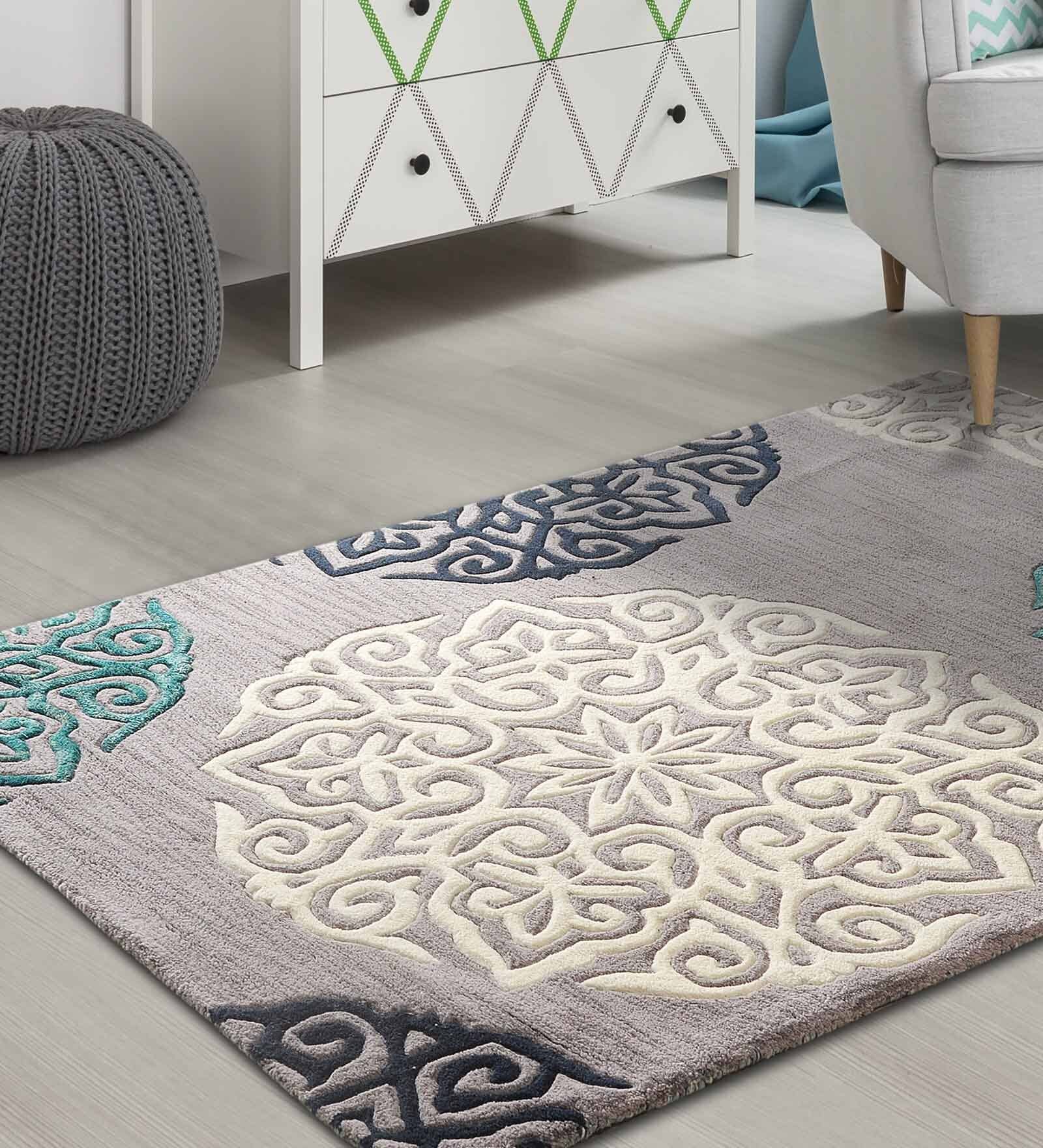 Buy Grey Floral Wool and Art Silk 4 ft x 6 ft Hand Tufted Carpet