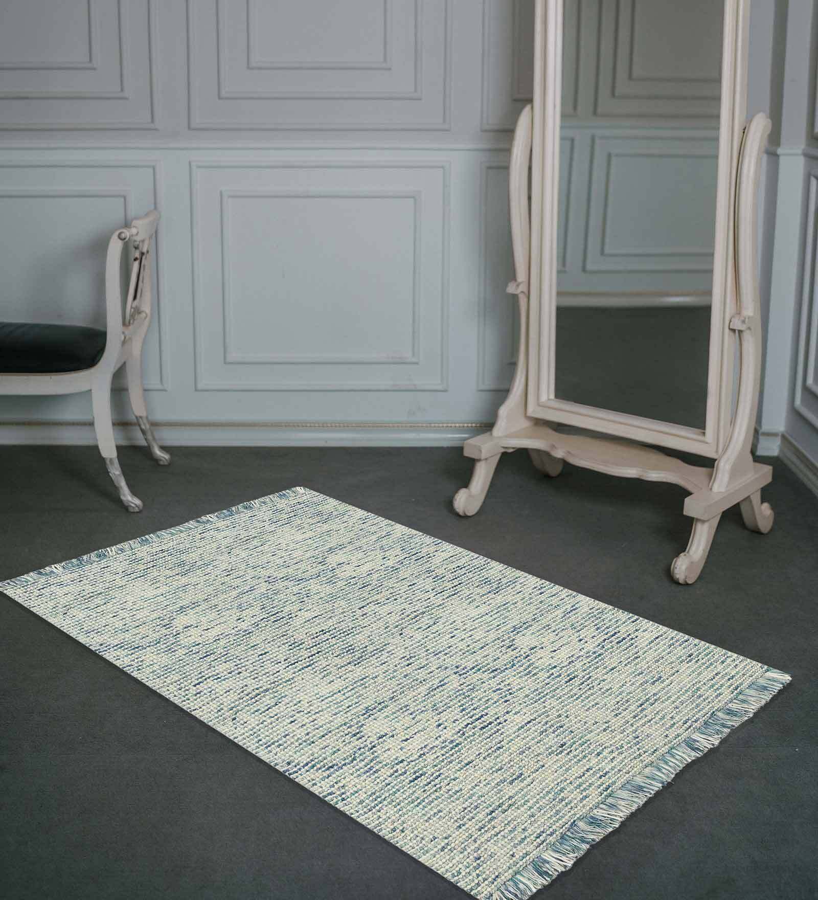 Blue Abstract Wool and Cotton 3 ft x 5 ft Hand Woven Carpet