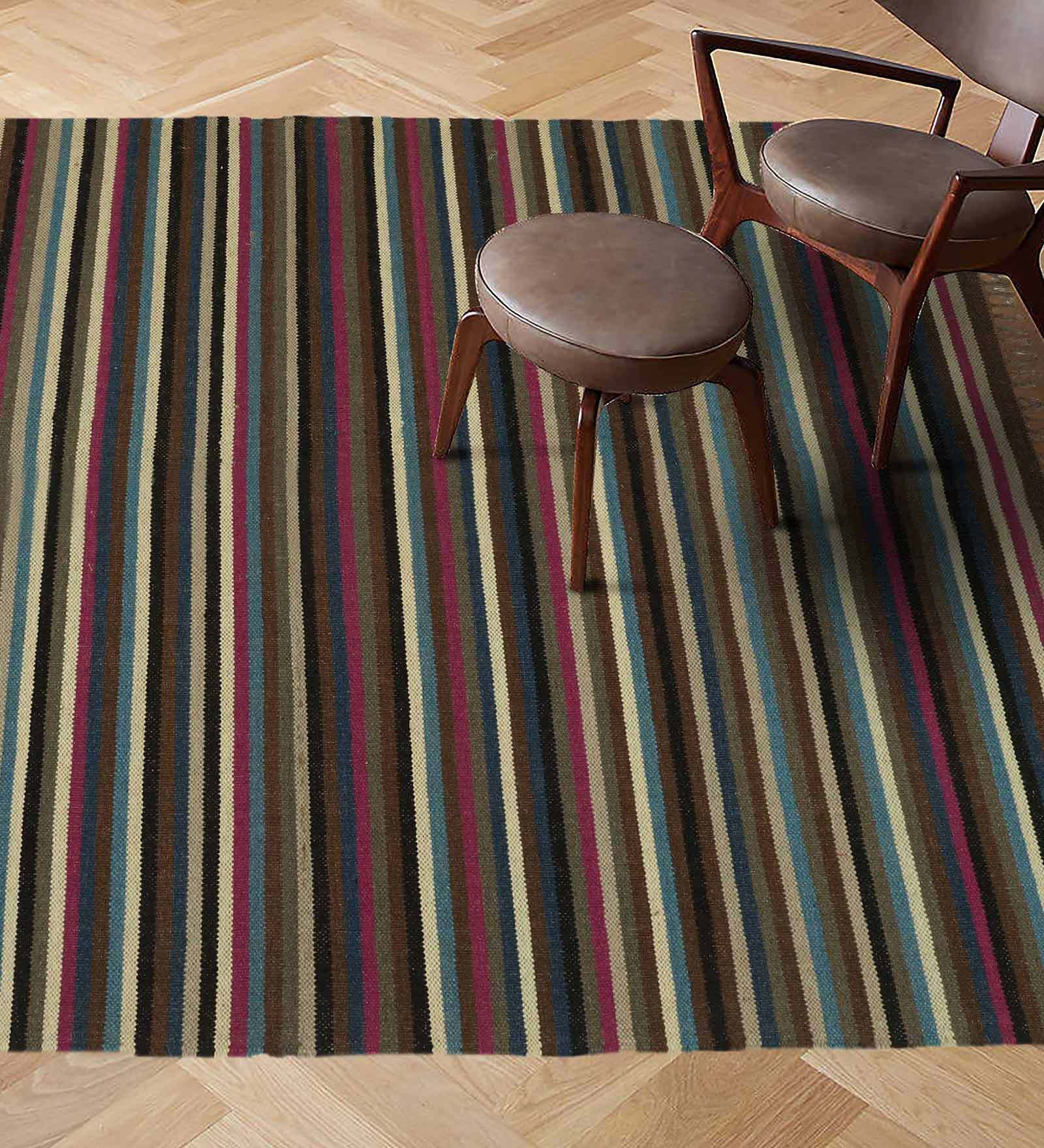 Grey Wool Cotton Striped 4x6 Feet Hand Woven Carpet