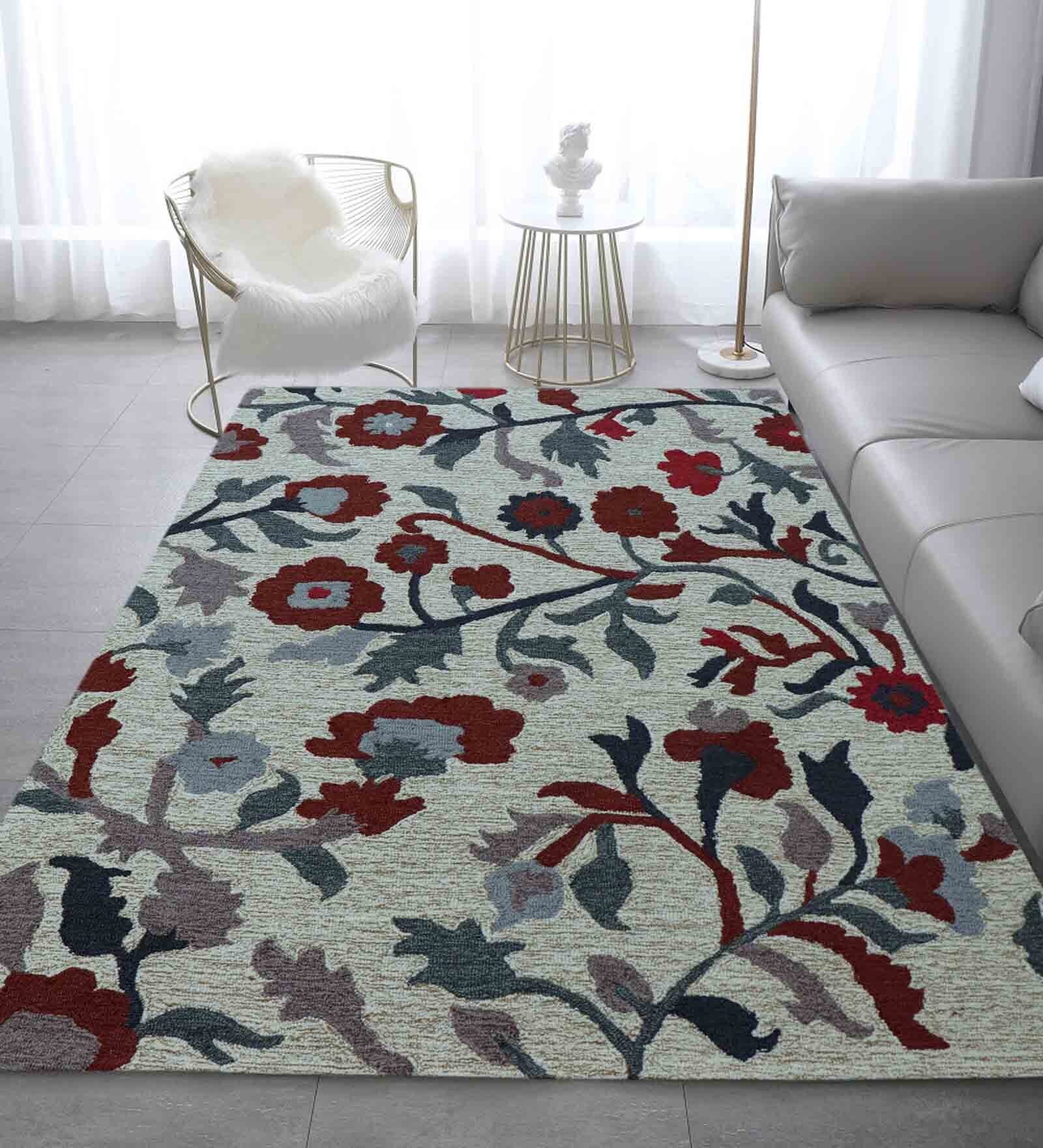 Grey Floral Wool 5 ft x 7 ft Hand Tufted Carpet
