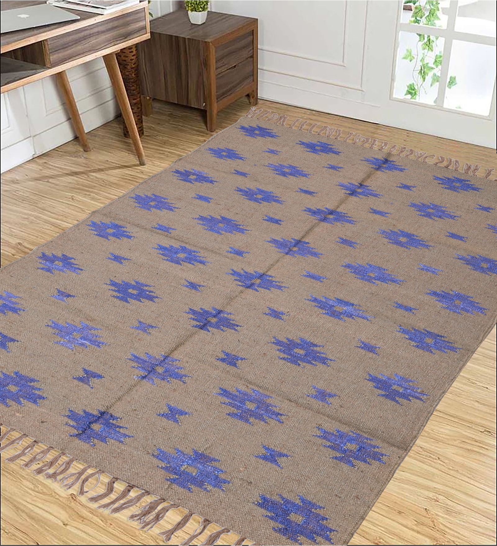 Grey Wool & Jute Abstract 96 x 60 Inches Hand Woven Dhurries