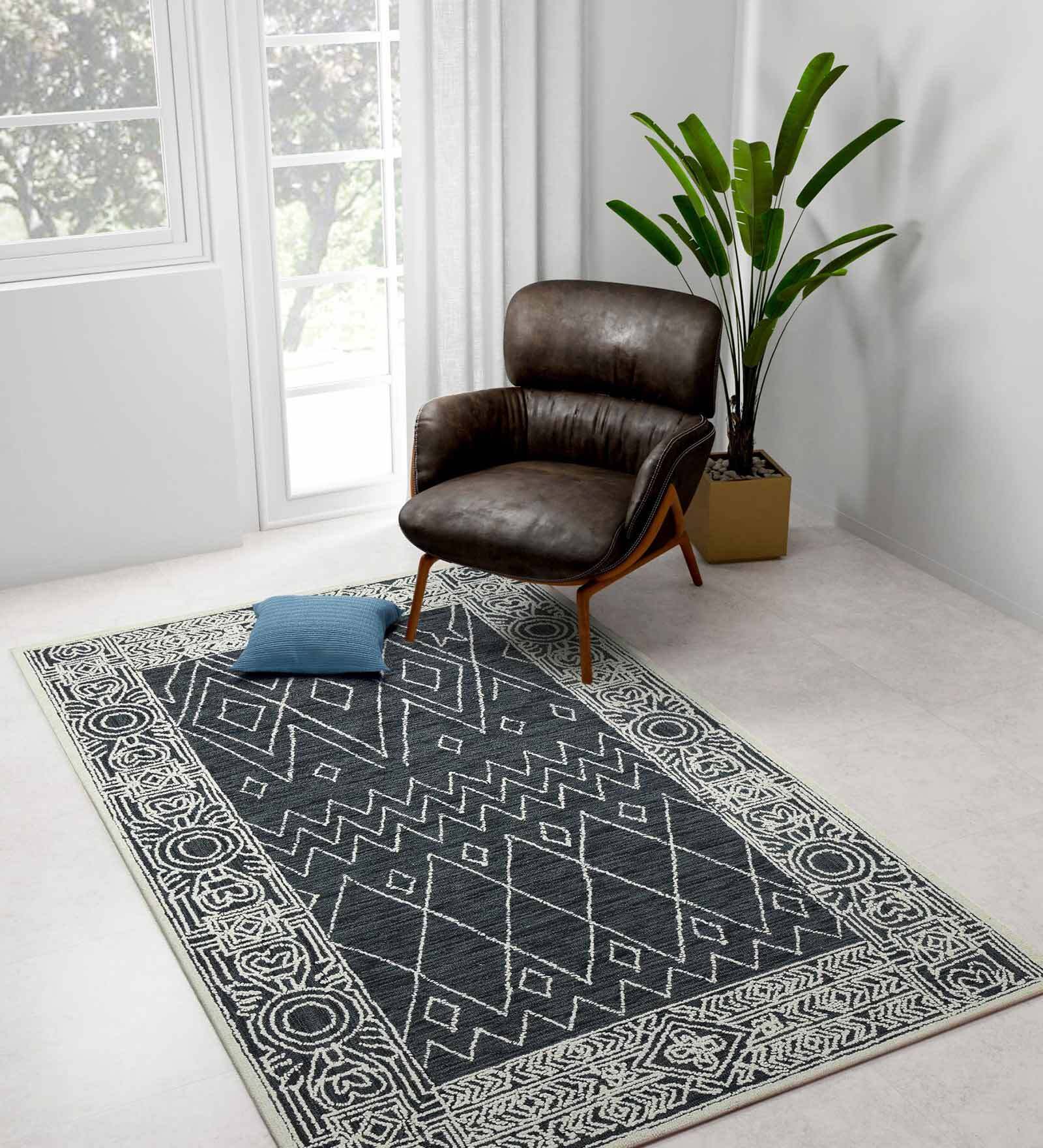 Grey Geometric Wool 5 ft x 7 ft Hand Tufted Carpet