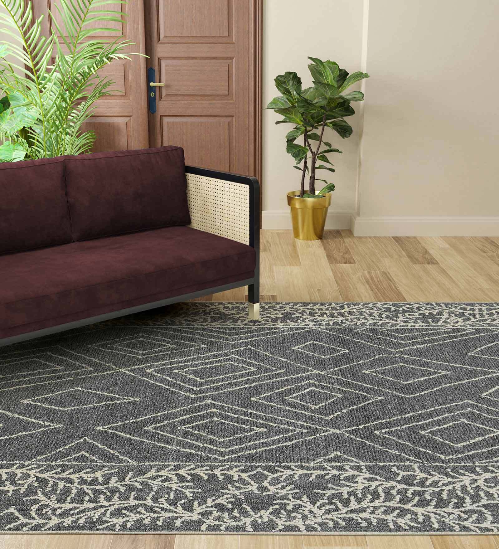 Grey Geometric Wool 8 ft x 10 ft Hand Tufted Carpet