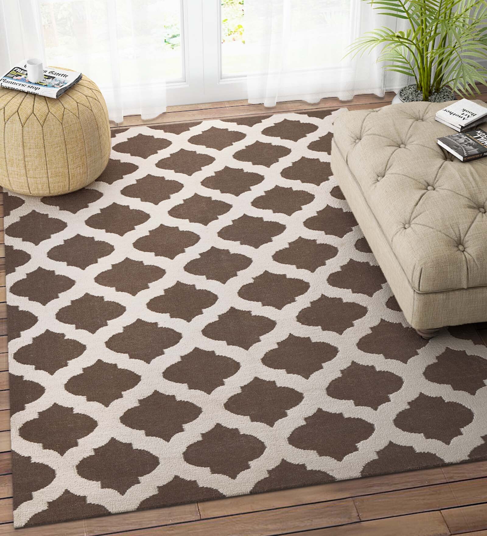 Brown Wool 5 ft X 8 ft Hand Woven Dhurrie