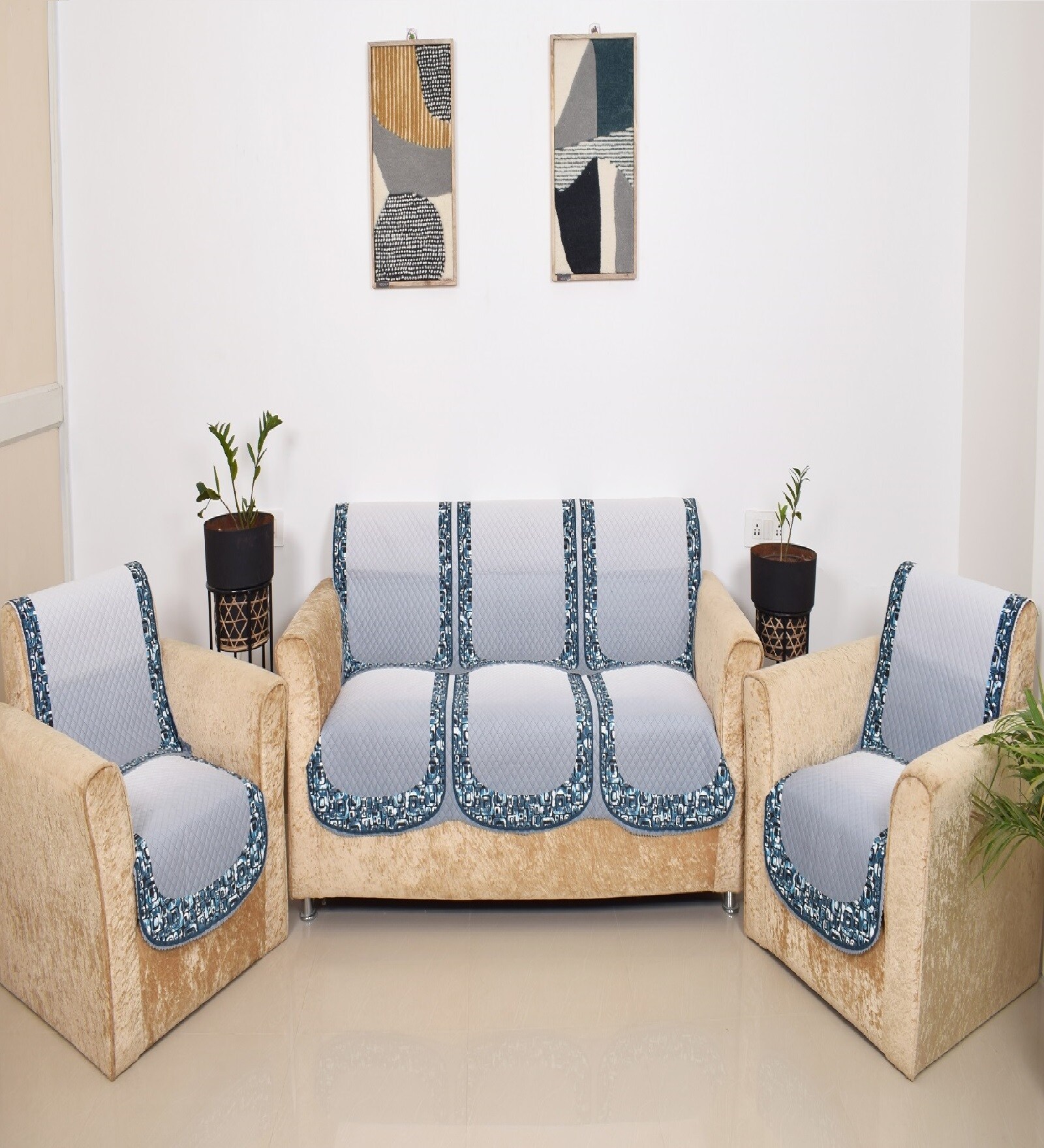 GreyBlue 5 Seater Floral 10Pcs Sofa Covers