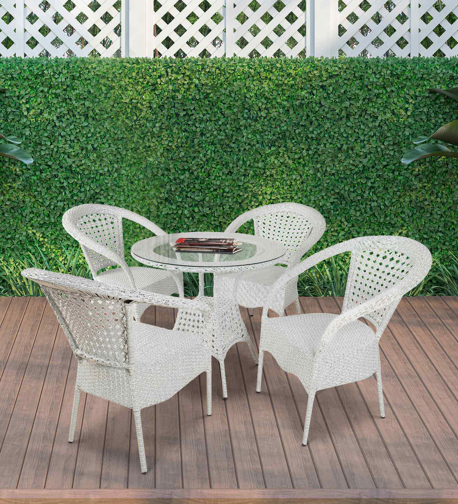 Griffith Wicker Table And Chair (With 4 Chair) Set In White Finish
