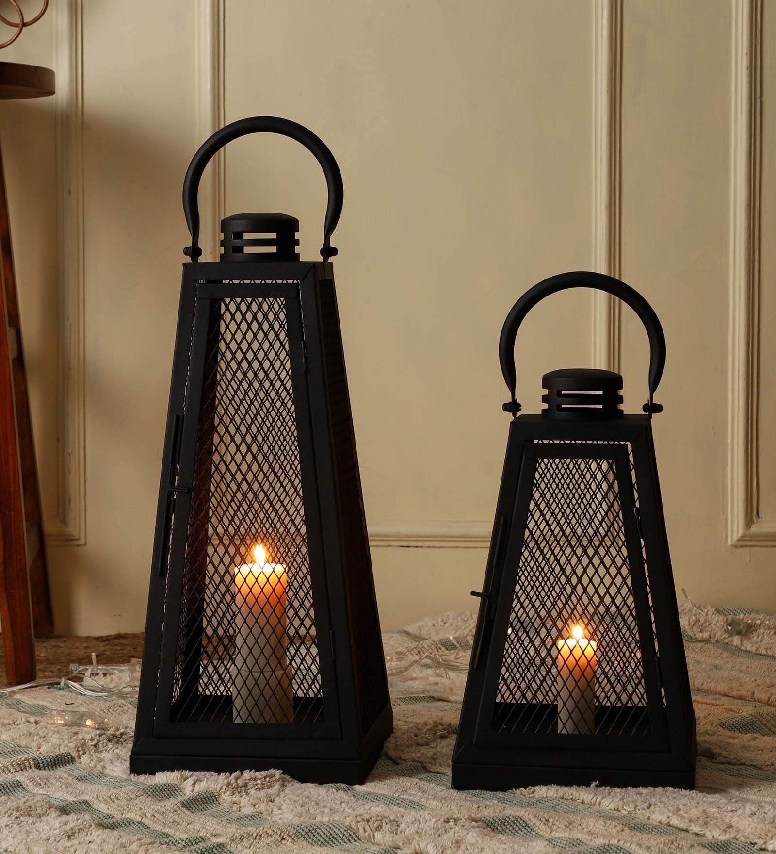 Grille Black Metal Table Lantern (Set of 2)