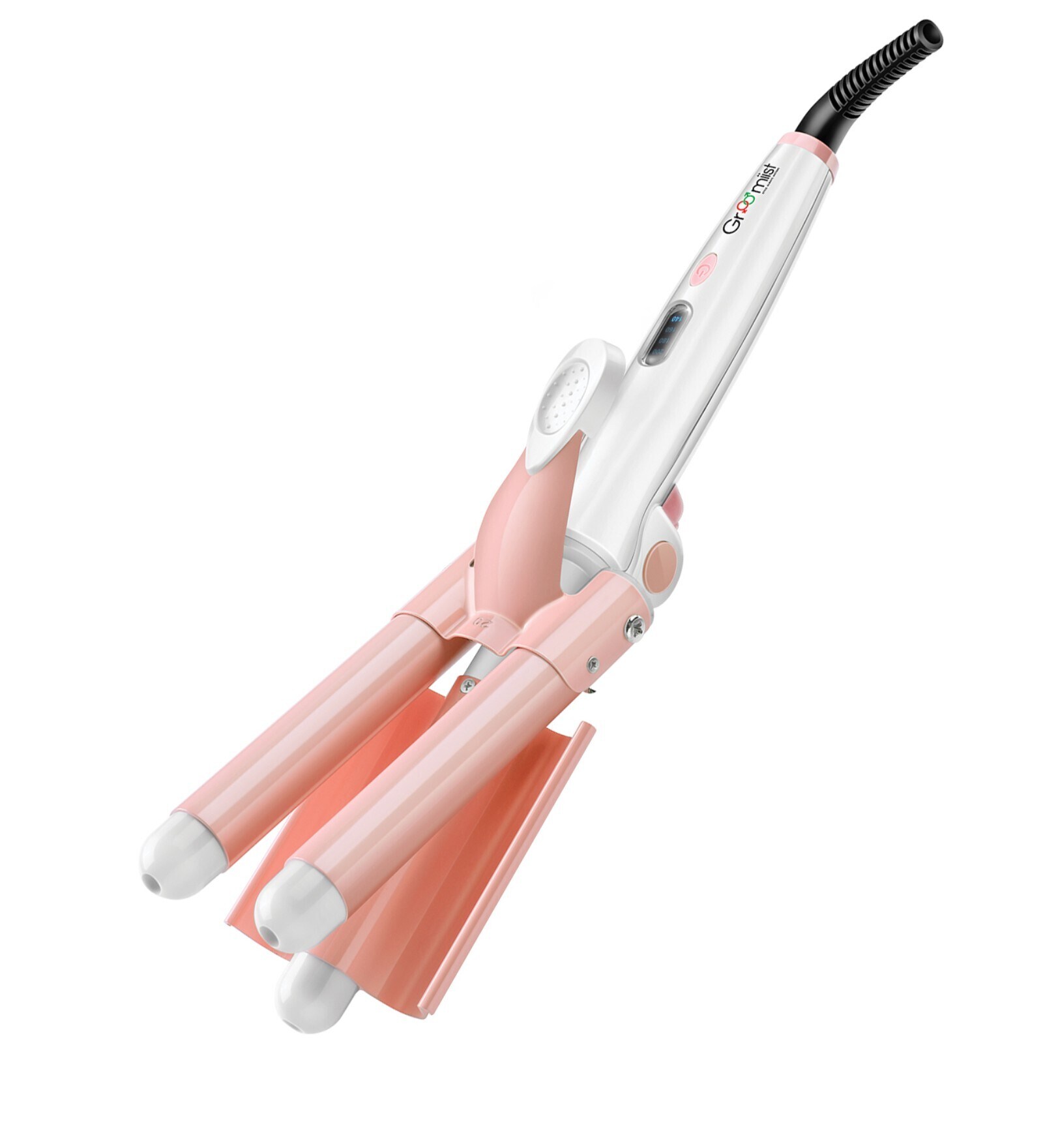 Groomiist 58 Watts Professional Series 3 Barrel Foldable Hair Curler SSWS-63 with LCD Display & Temperature Settings (White & Peach)