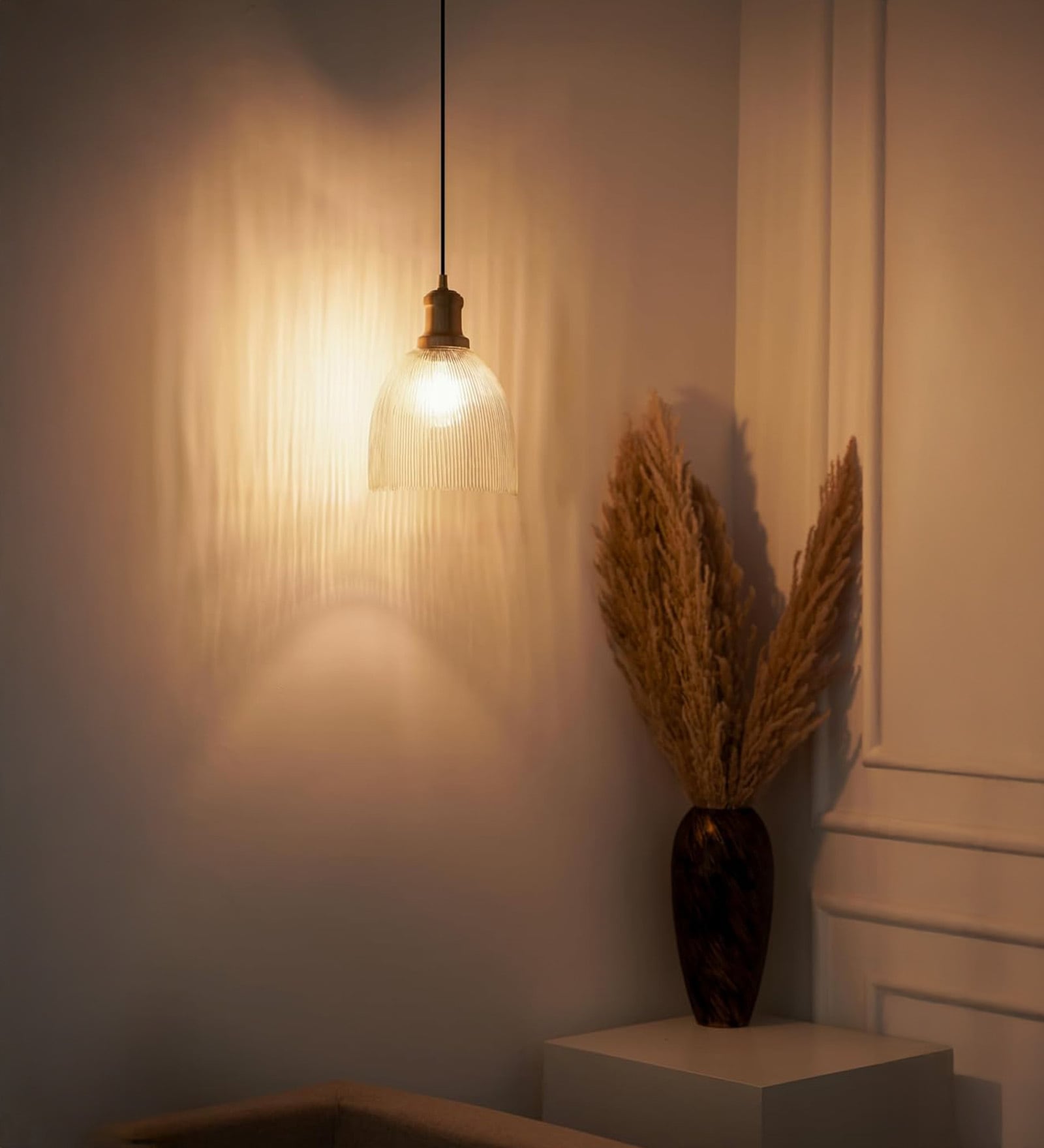 Grooved Transparent Glass Hanging Pendant Light with Antique Brass Finish