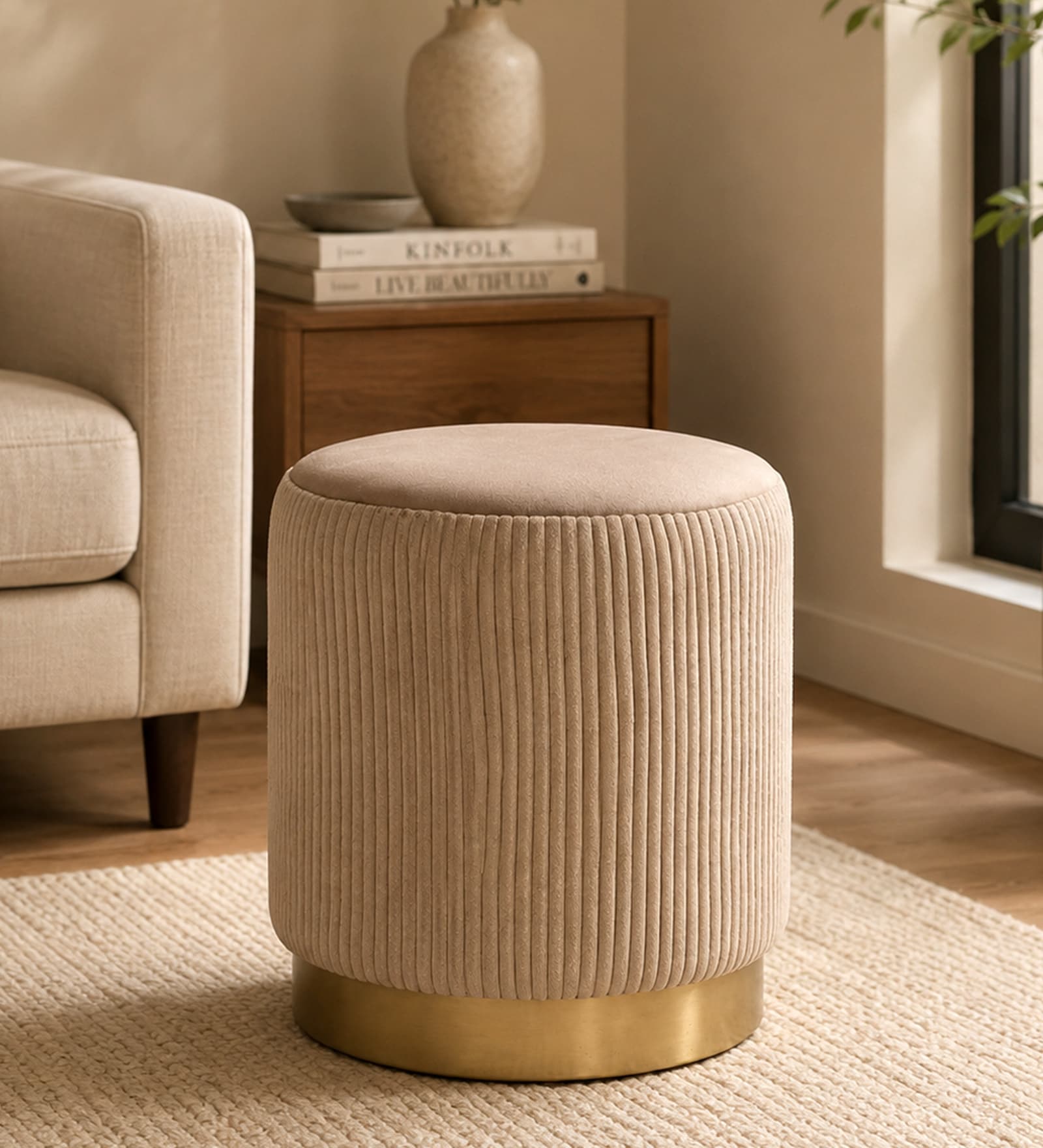 Groovy Velvet Fluted Pouffe In Brown Colour