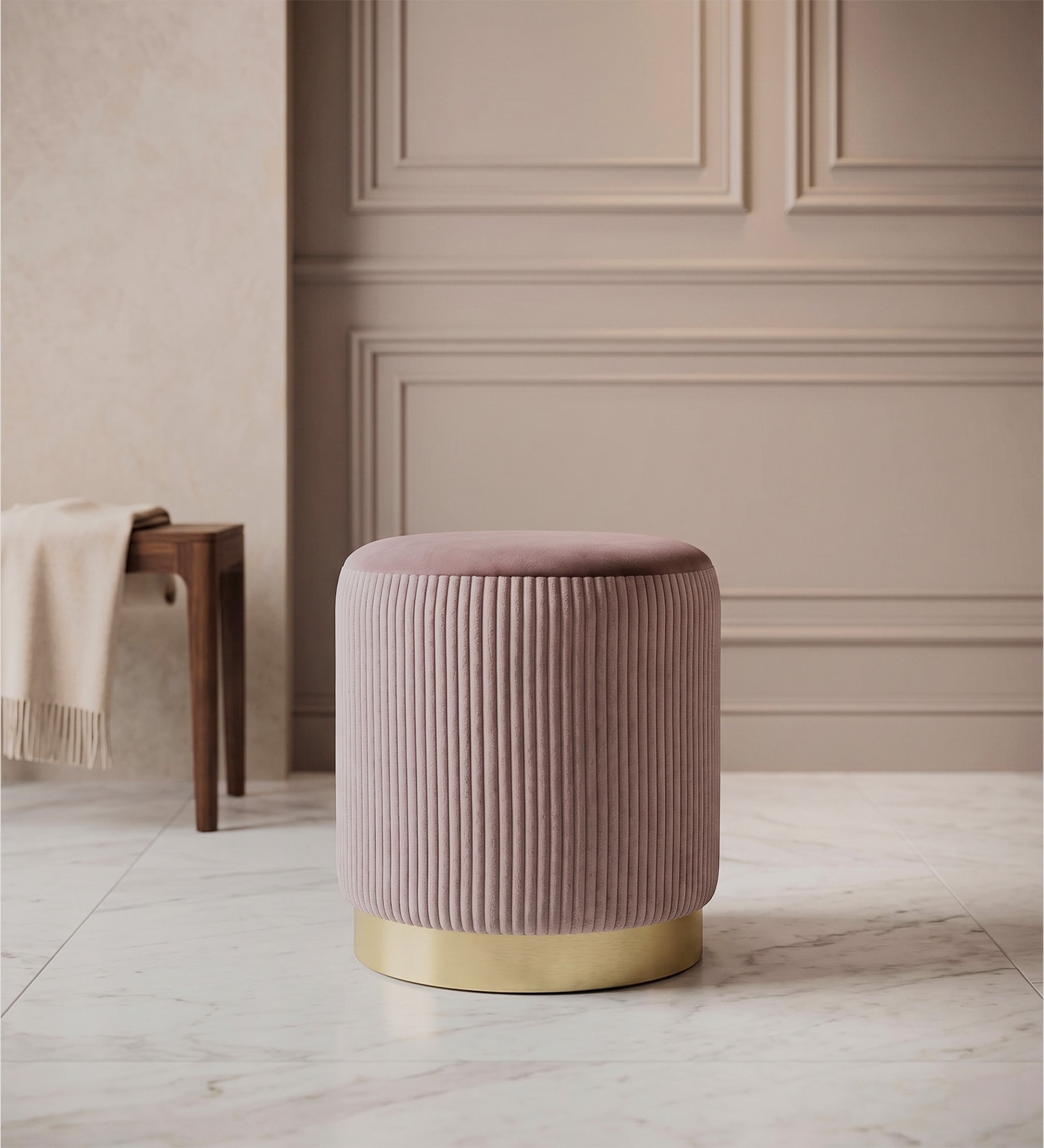 Groovy Velvet Fluted Pouffe In Brown Colour