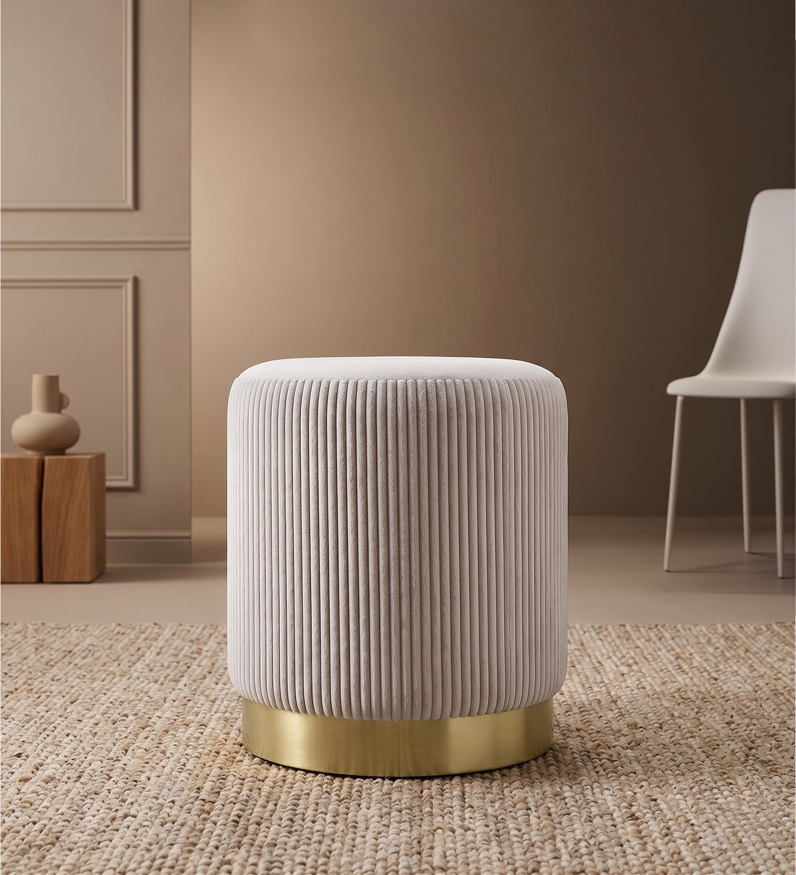 Groovy Velvet Fluted Pouffe In Cream Colour