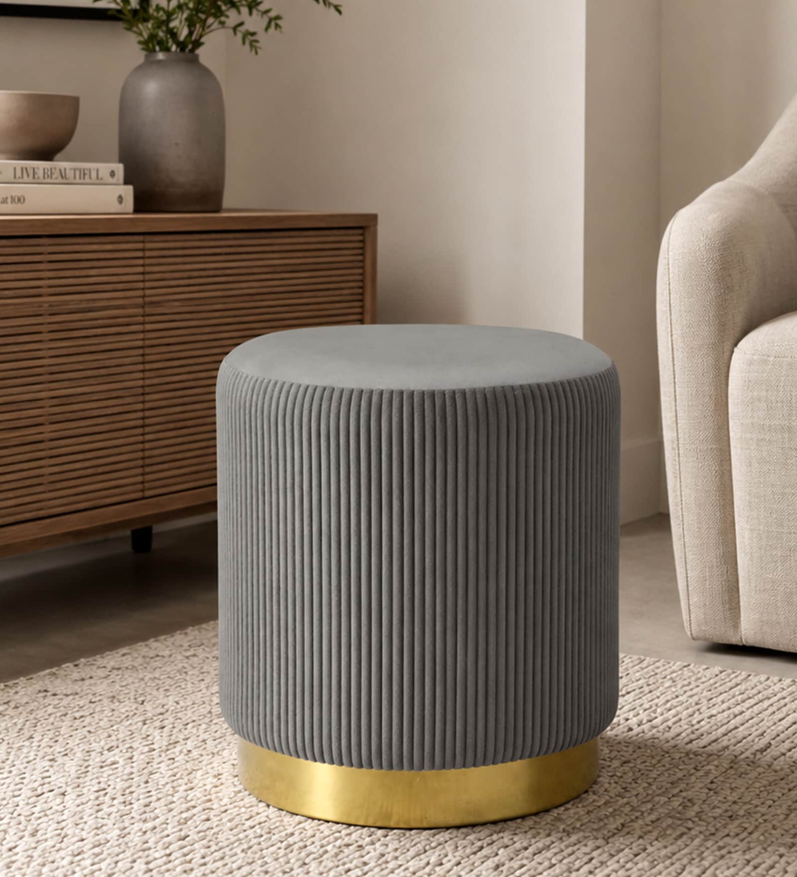 Groovy Velvet Fluted Pouffe In Dark Grey Colour Groovy Velvet Fluted Pouffe In Dark Grey Colour