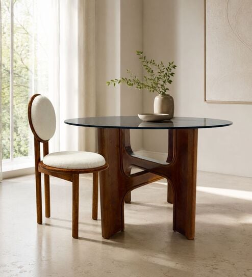 Graham Glass-Top 4 Seater Dining Table Set In Mango Wood Finish