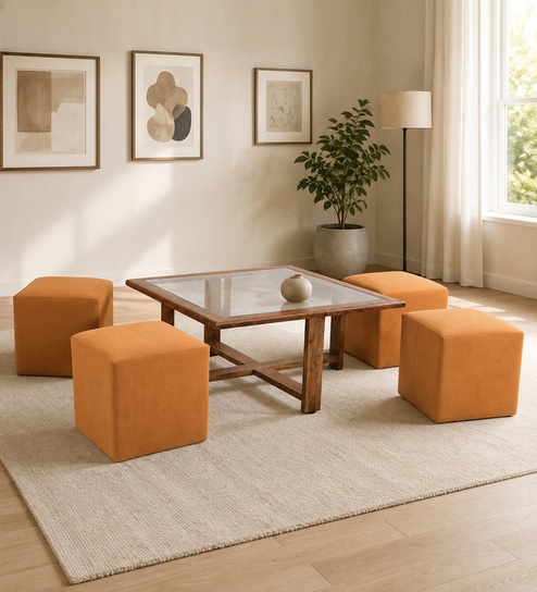 Gramado Sheesham Wood Glass Square Center Table in Provincial Teak Finish with 4 Pouffe