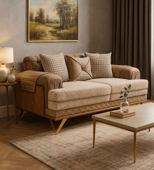 GrandLuxe Fabric Two Seater Sofa in Beige Colour