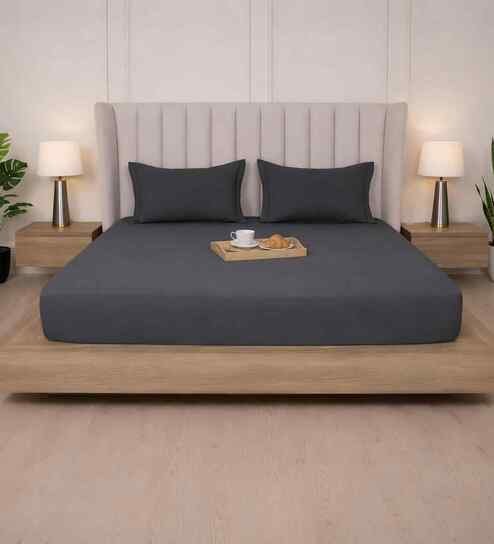 Granite Gray Solid 300 TC Pure Cotton King Fitted Bedsheet with 2 Pillow Covers
