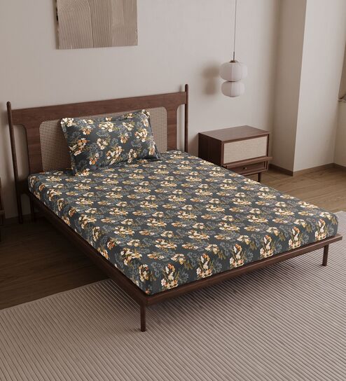 Graphite Shade Floral 144 Tc Cotton Single Bedsheet With Pillowcover