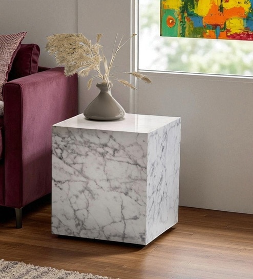 Gravity Architectural Cube Coffee Table with Dark Veined Surface in White Colour