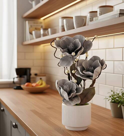 Gray Faux Leather Rustic Blossom Harmony Pot With Flower