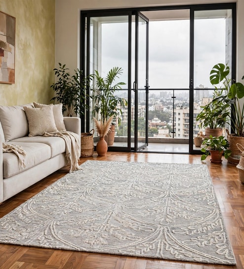 Grey Floral Wool And Cotton 5 X 8 Ft Hand Tufted Carpet