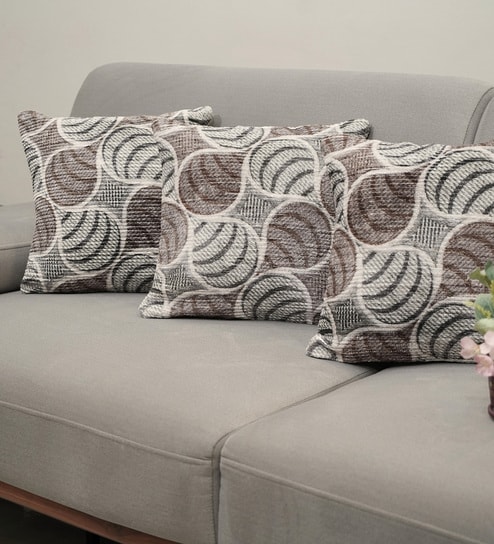 Grey Polyester Floral 16x16 inches Cushion Covers Set of 3