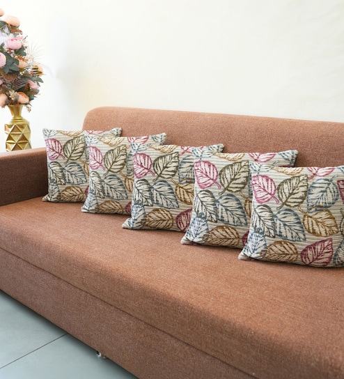 Grey Polyester Floral 18x18 inches Cushion Covers Set of 5