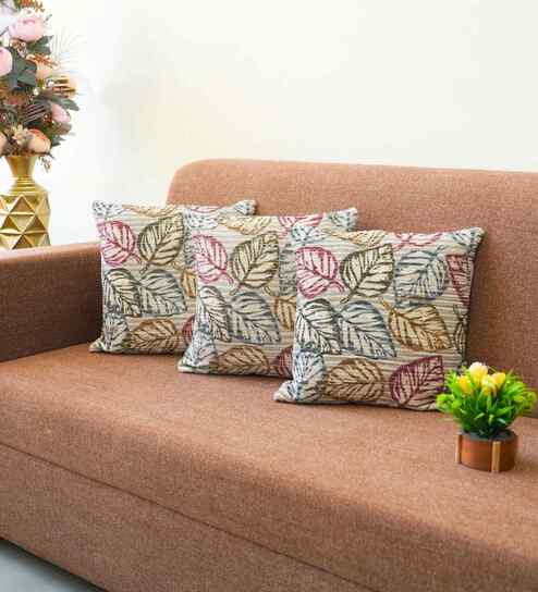 Grey Polyester Floral 20x20 inches Cushion Covers Set of 3