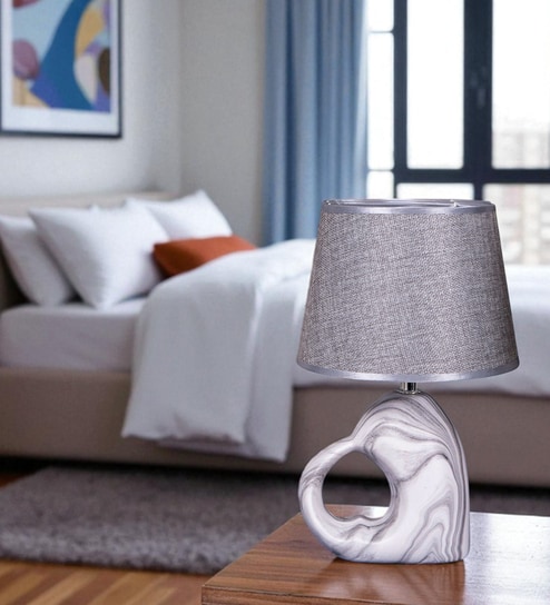 Gray Table Lamp Modern Design Fabric Lampshade Open Heart Shaped Ceramic Base