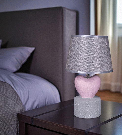 Gray Table Lamp Modern Design With Fabric Lampshade Heart Shaped Ceramic Base