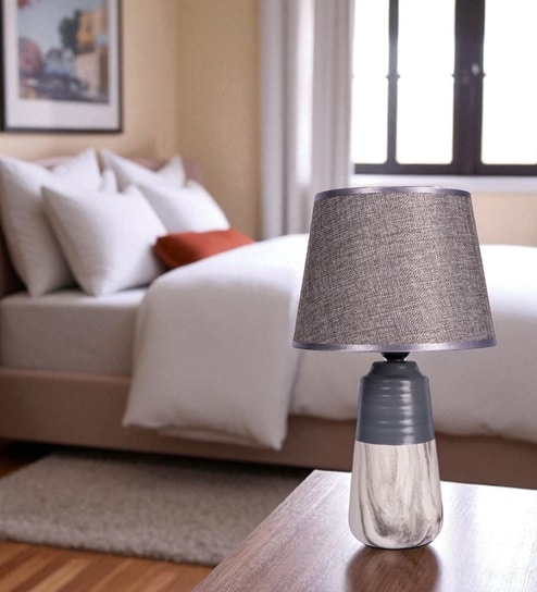 Gray Table Lamp With Stylish Design Fabric Lampshade Ceramic Base