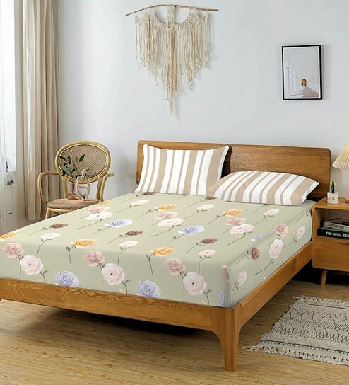 Green & Beige Glace Cotton Floral Print Elastic Fitted King Bedsheet With 2 Pillow Covers