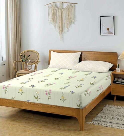 Green & Cream Glace Cotton Floral Print Elastic Fitted King Bedsheet With 2 Pillow Covers