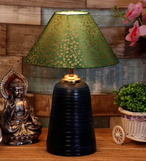 Green & Gold Shade Table Lamp With Terracotta Base By Foziq