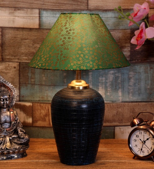 Green & Gold Shade Table Lamp With Terracotta Base By Foziq