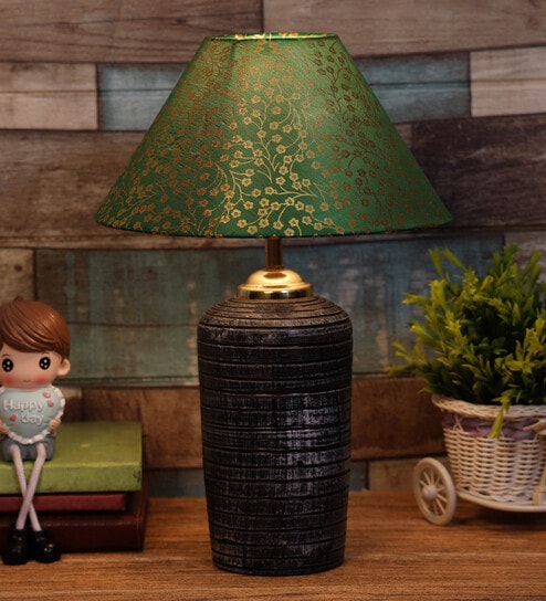 Green & Gold Shade Table Lamp With Terracotta Base By Foziq