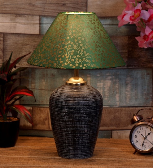 Green & Gold Shade Table Lamp With Terracotta Base By Foziq