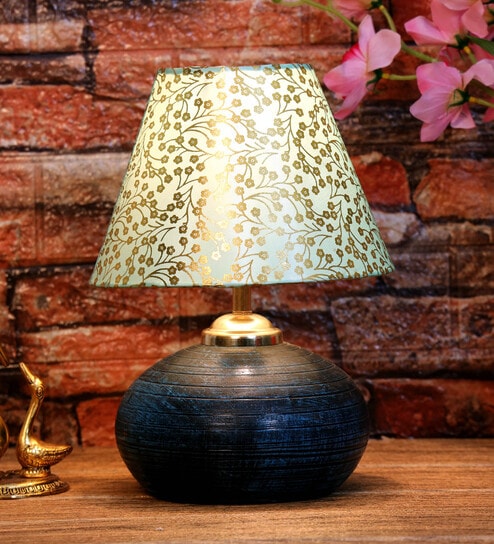 Green & Gold Shade Table Lamp With Terracotta Base By Foziq