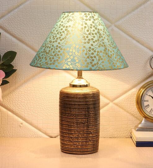 Durham Green & Gold Fabric Shade Night Lamp With Teracotta Base By Foziq