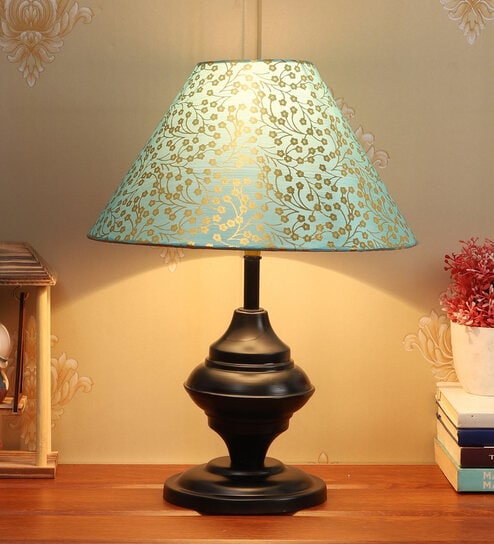Green & Gold Shade Table Lamp With Black Metal Base by Foziq