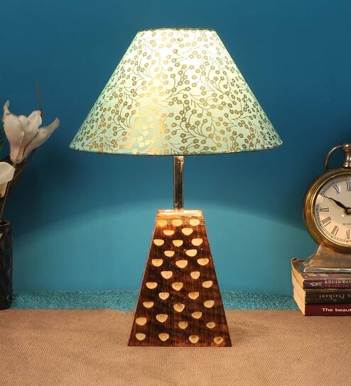 Green & Gold Shade Table Lamp With Brown Woodden Base by Foziq