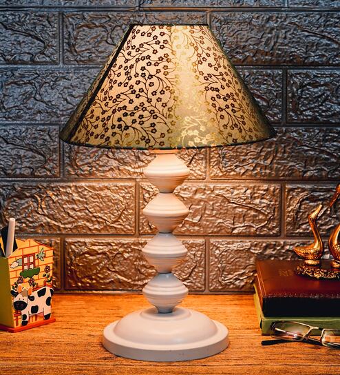 Phantom Green & Gold Fabric Shade Night Lamp With Metal Base By Foziq