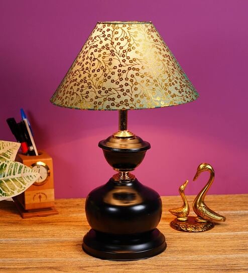 Green & Gold Shade Table Lamp With Metal Base By Foziq