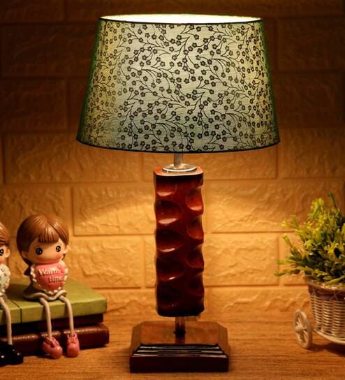 Confined Green & Gold Fabric Shade Night Lamp With Wood Base By BrightDaisy