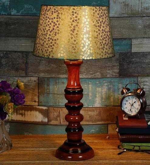 Colonial Green & Gold Fabric Shade Night Lamp With Wood Base By BrightDaisy