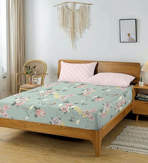 Green & Pink Glace Cotton Floral Print Elastic Fitted King Bedsheet With 2 Pillow Covers
