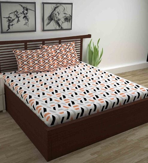 Brown Abstract 144 TC Cotton Queen Sized Bed Sheets with 2 Pillow Covers