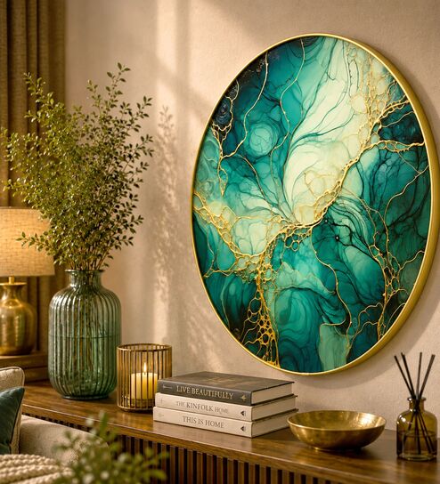 Green, Teal & Gold Abstract Round Wall Art 15 Inch