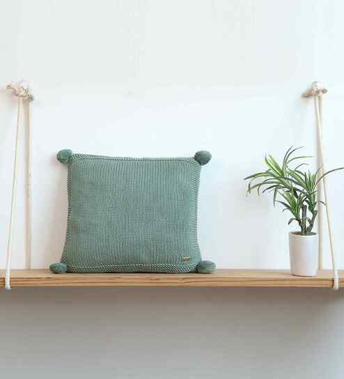 Green 100% Cotton Chunky 16X16 Inches Knitted Cushion Cover