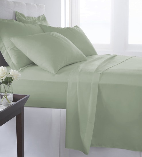 Green Solid 400 TC Cotton King Sized Fitted Bed Sheets with 2 Pillow Covers by Pizuna